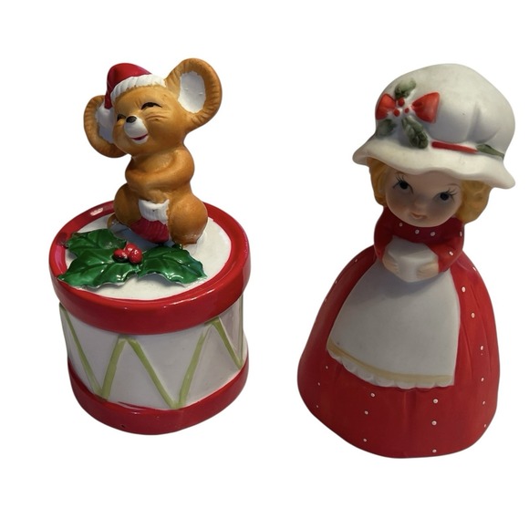 Other - Vintage Mouse Trinket Box Girl Bell Figurines 80s Christmas Decor Collectible